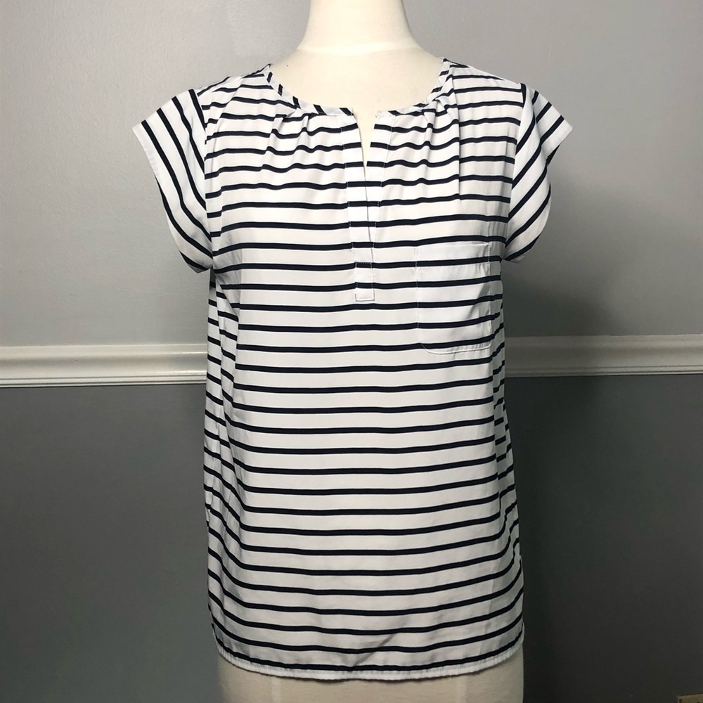 Gap Navy & White Striped Cap Sleeve Split Neck Top
